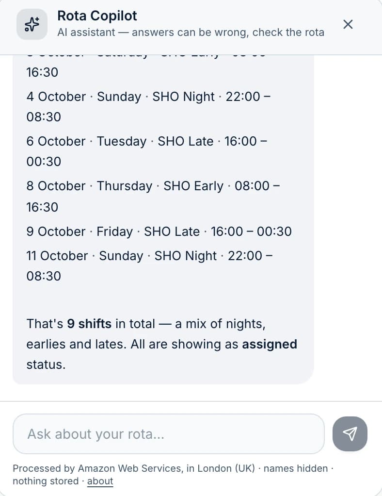 RotaHive Rota Copilot answering a doctor's question by listing their upcoming shifts.