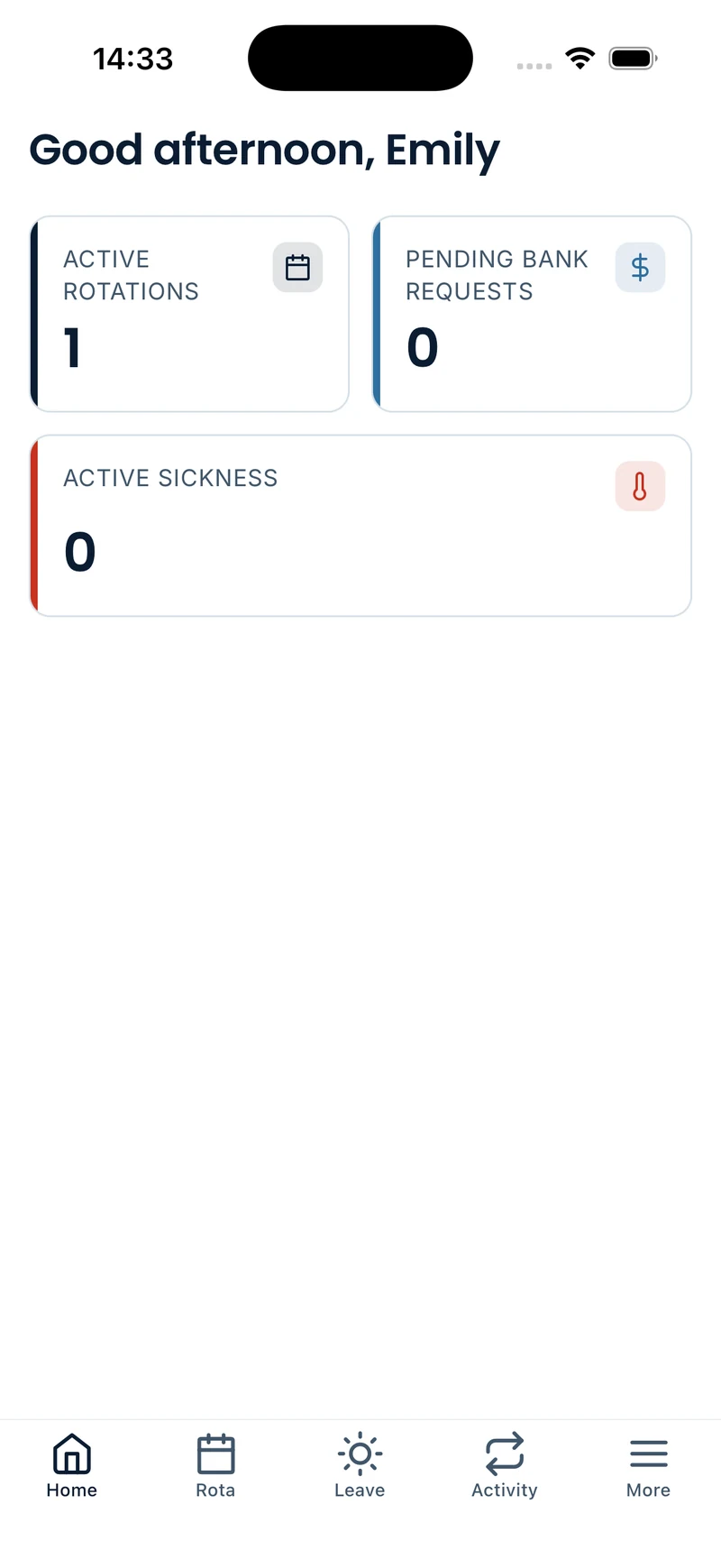 RotaHive mobile app home screen for a doctor, with active rotations, bank requests and sickness.