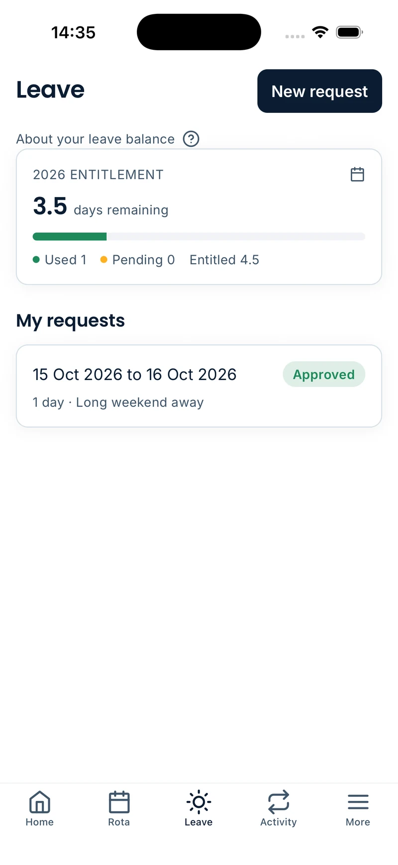 RotaHive mobile app leave screen: 3.5 days remaining and an approved leave request.