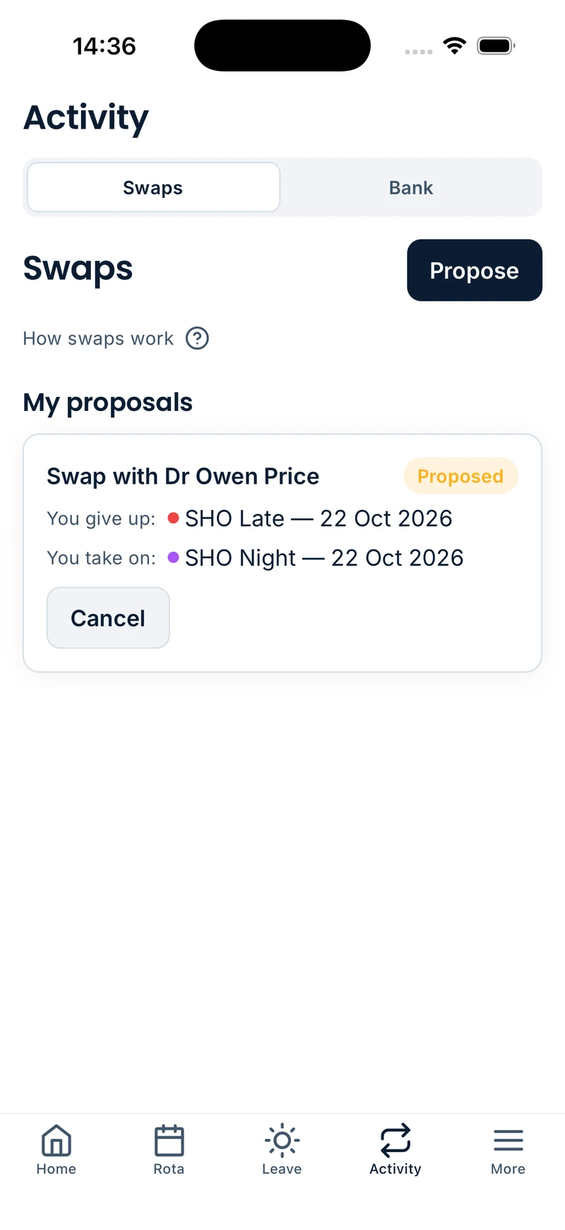 RotaHive mobile app swaps screen with a proposed swap: giving up an SHO Late and taking on an SHO Night.