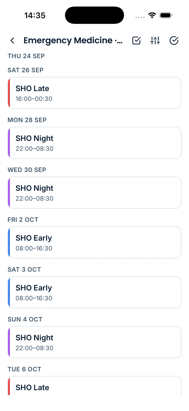 RotaHive mobile app showing a doctor's upcoming shifts with dates and times.