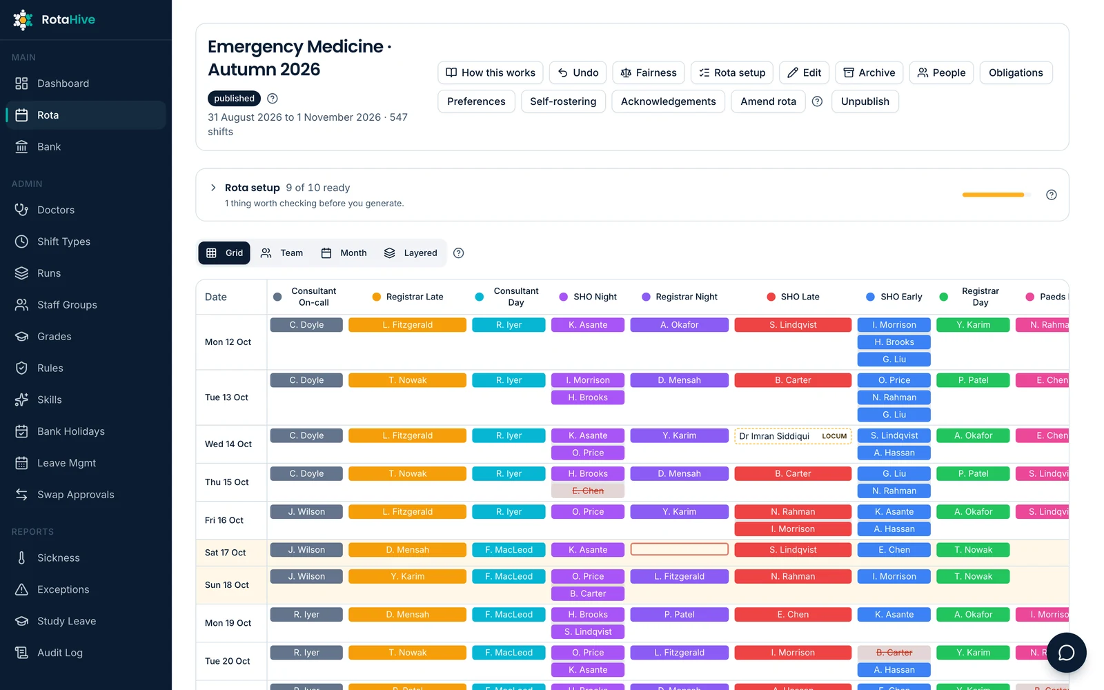 RotaHive rota grid for Emergency Medicine, Autumn 2026: doctors assigned to each shift type by day, with one unfilled Registrar Night shift on Saturday 17 October.