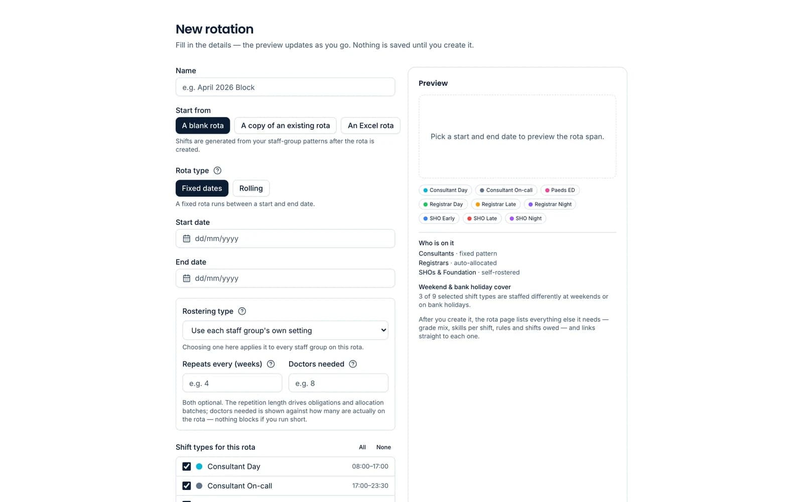RotaHive new rotation form: start from a blank rota, a copy or an Excel file, choose fixed or rolling, and the rostering type for each staff group.